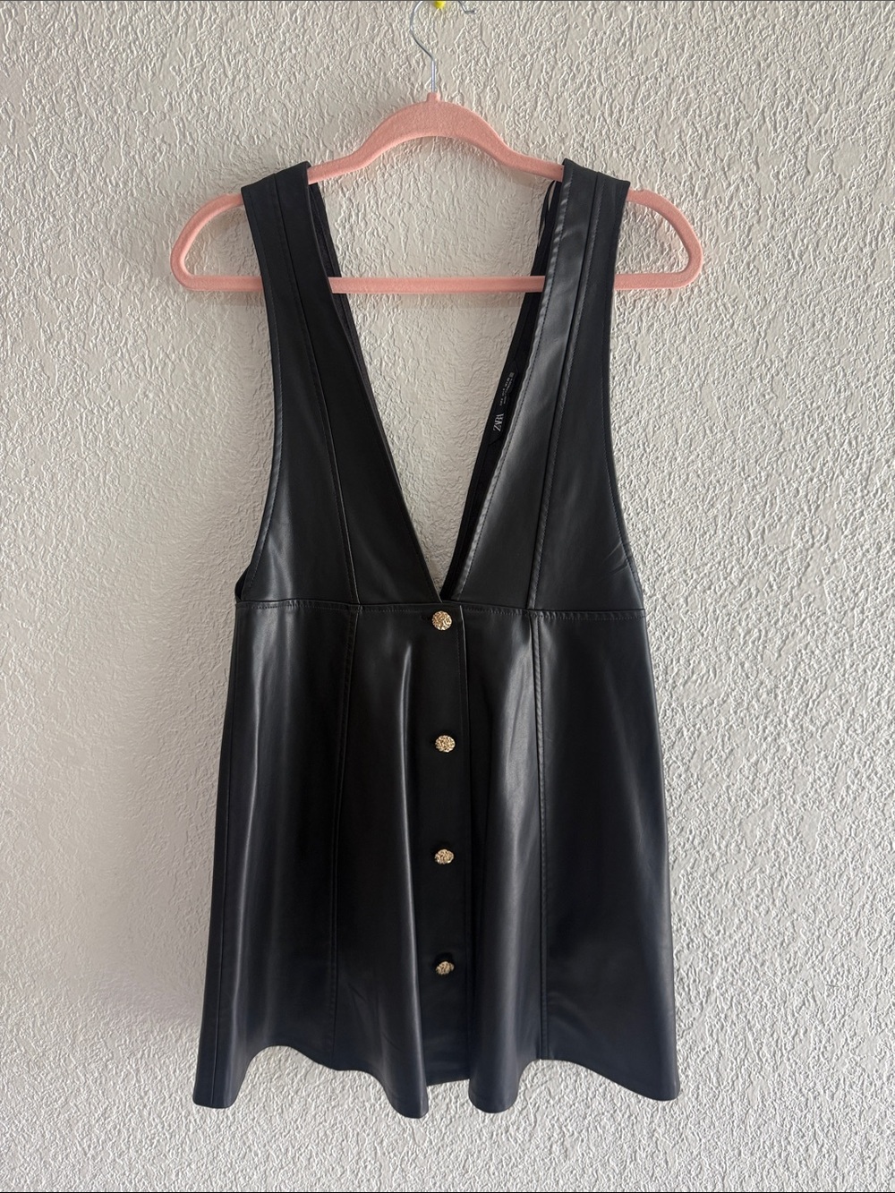 Zara Black Faux Leather Mini Dress with Gold Buttons